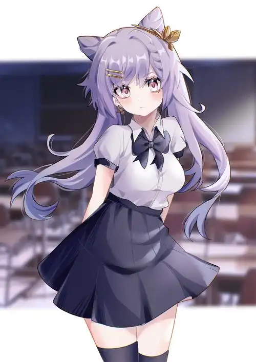51漫画 紫发猫耳少女白色校服黑色裙子教室背景动漫插画